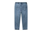Back view of blue denim joggers with an elastic waistband and two back pockets.