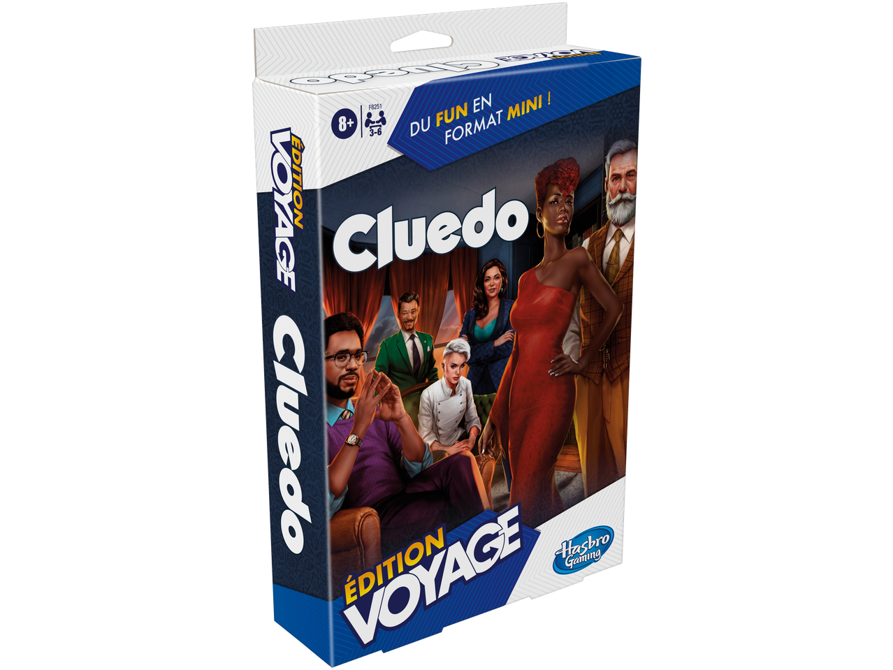 Boîte du jeu de société Cluedo Édition Voyage, avec des personnages et le logo Hasbro Gaming.