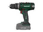 Cordless drill with a battery pack, featuring a green and black body with red accents.