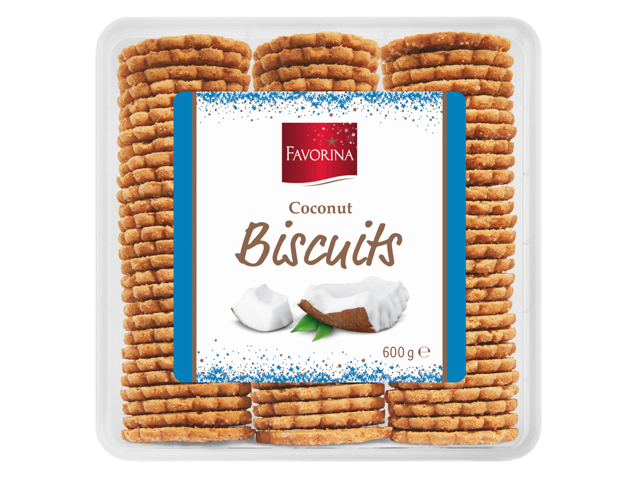 Favorina kokosiniai sausainiai permatomoje pakuotėje.