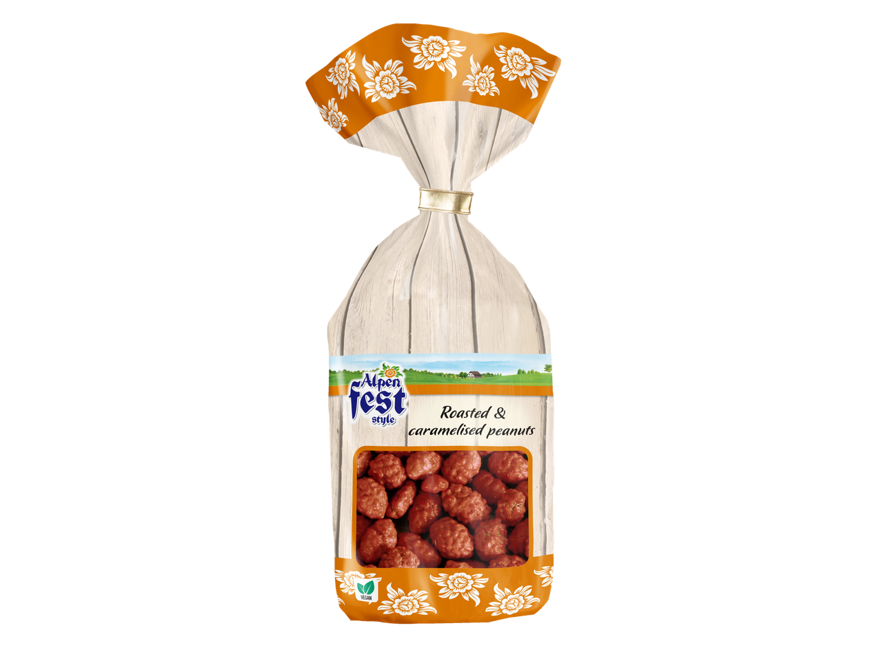 Alpenfest Roasted & Caramelised Peanuts in a clear bag with an orange top.