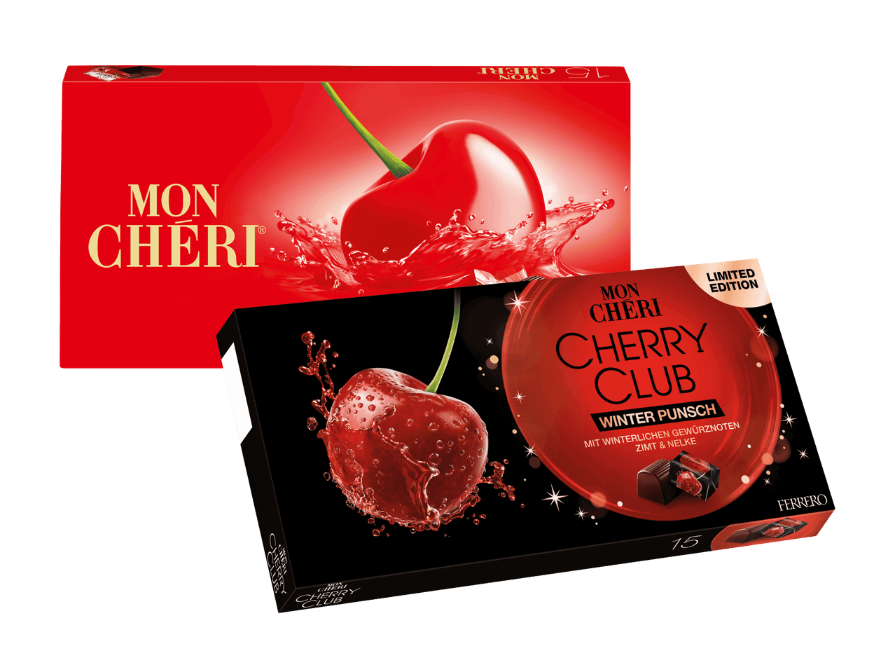 Zwei Packungen Mon Chéri Pralinen: eine klassische und eine Winter Punsch Limited Edition.