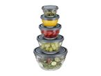 A stack of five glass storage containers with gray lids, ideal for food storage.