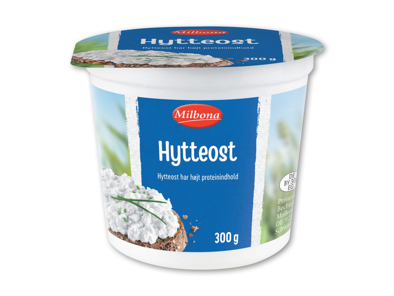 Milbona Hytteost i en hvid beholder med blå etiket og billede af hytteost på brød.