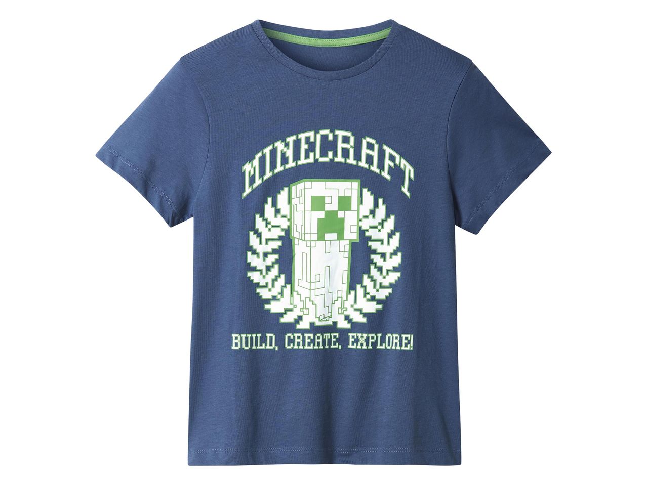 Fiúknak való Minecraft póló, kék színben, építs, alkoss, fedez fel felirattal.