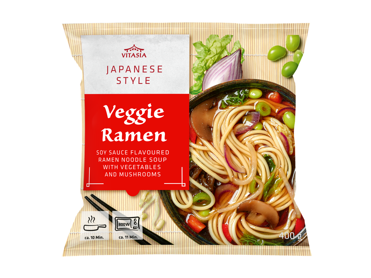 Ramen vegetarian Vitaasia, stil japonez, cu legume și ciuperci.