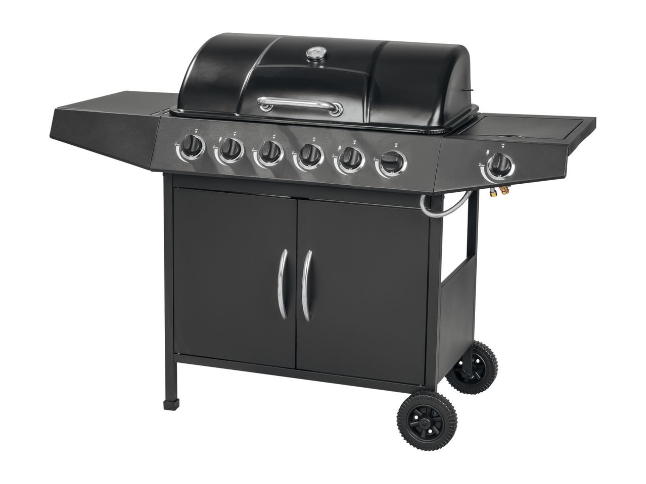 Black gas grill with 5 burners and cabinet.