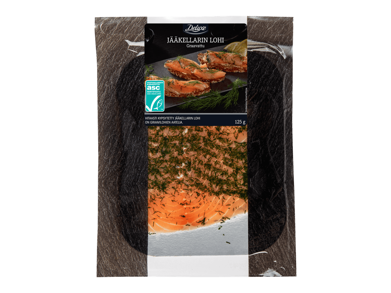 Deluxe-kylmäsavulohi, graavattu, 125 g, ASC-sertifioitu.