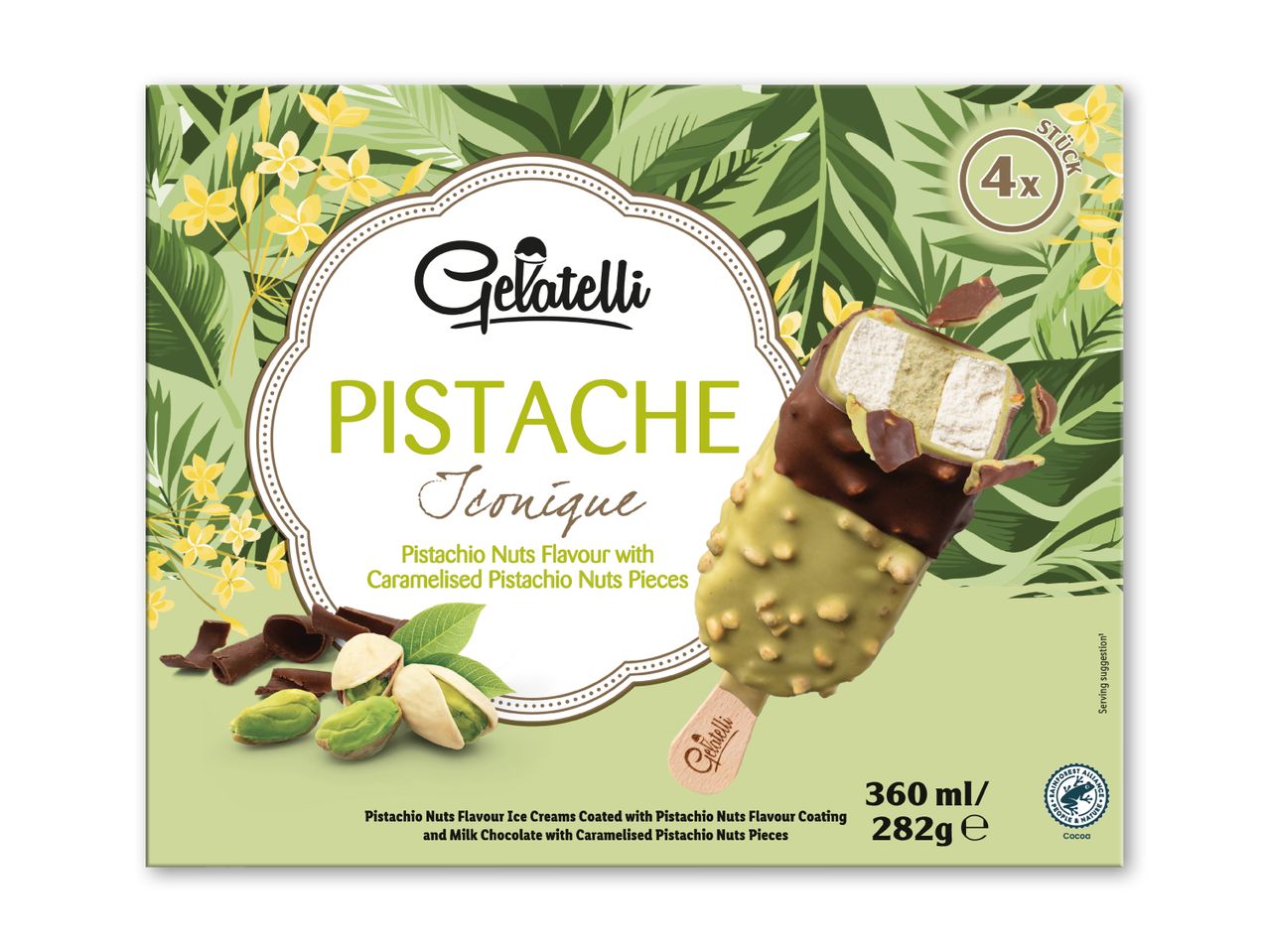 Pistacieis med karamelliserede pistacienødder og mælkechokolade, 4 stk.