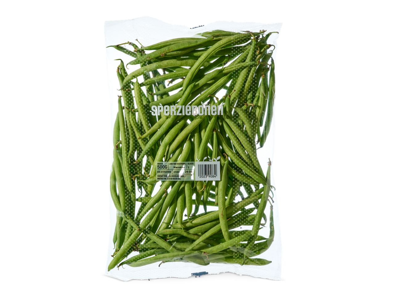 Een zak Sperziebonen van 500g, afkomstig uit Marokko.