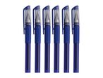 Six blue gel pens with clear caps and textured grips, arranged vertically.