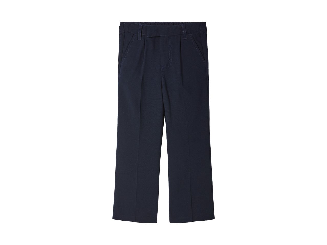 Navy blue wide-leg trousers.