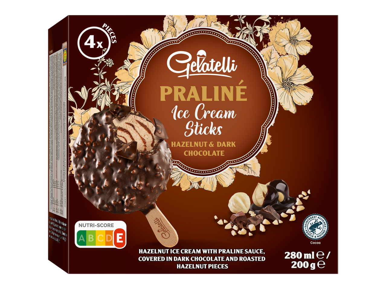 Gelatelli Praliné Lollies: 4 paus de gelado de avelã e chocolate preto, 280 ml/200 g.