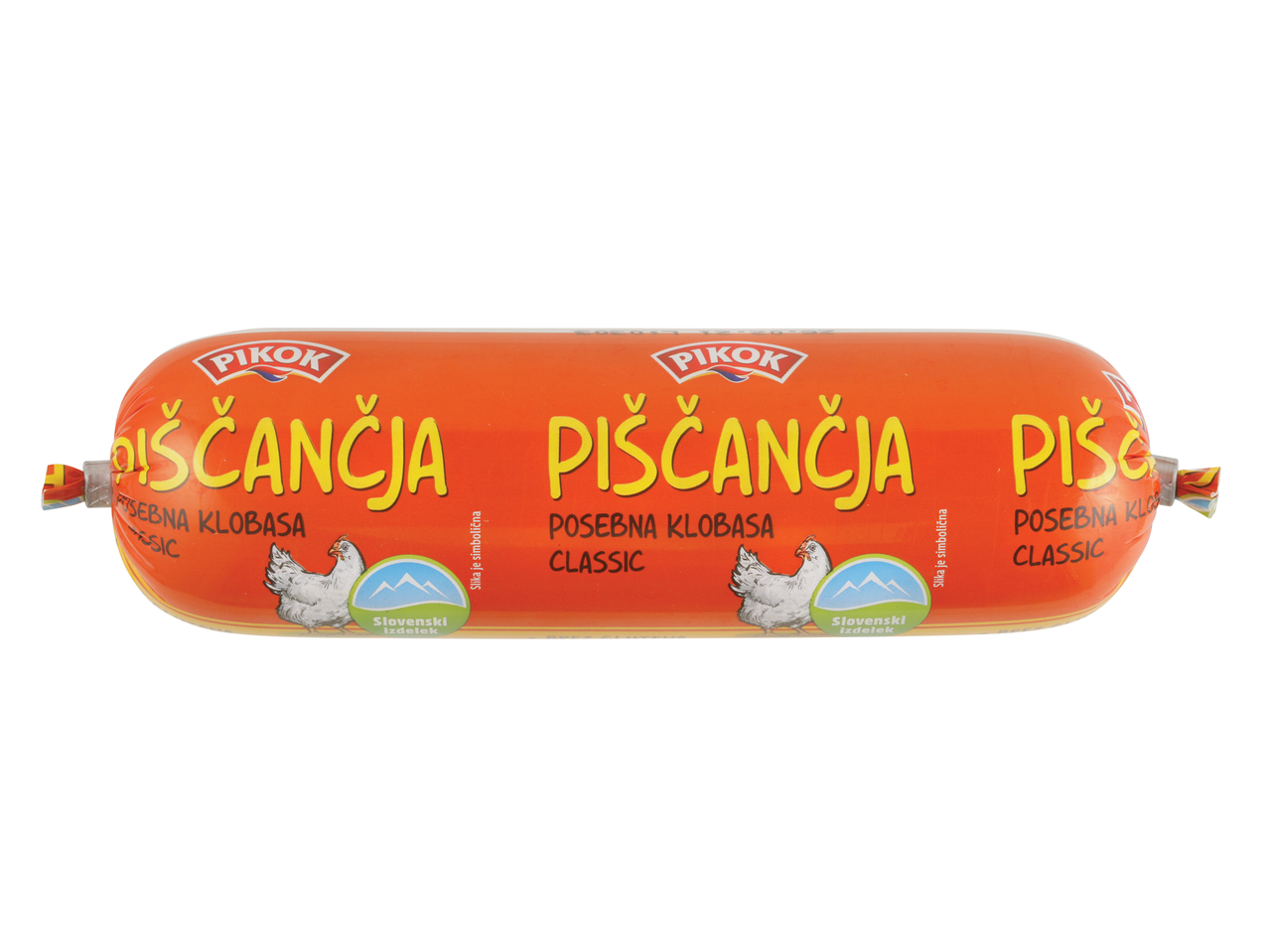 Pikok piščančja posebna klobasa, classic, z oznako slovenski izdelek.