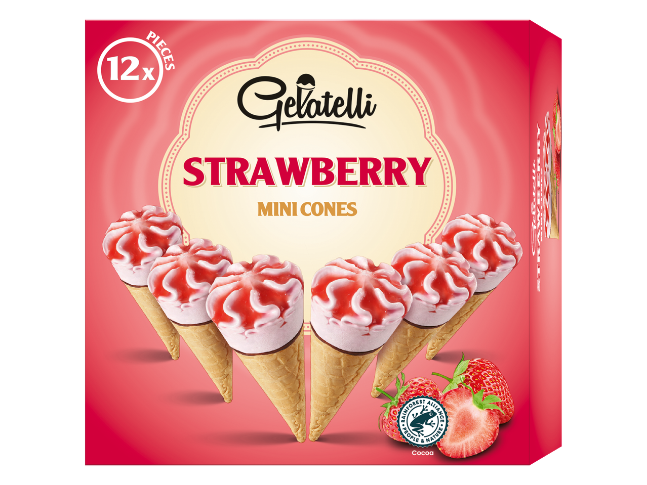 Gelatelli Mini Cones de Morango: 12 cones de sorvete embalados individualmente em uma caixa.