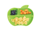 Munchkin apple-shaped plate with blueberries, cantaloupe, and bow-tie pasta.