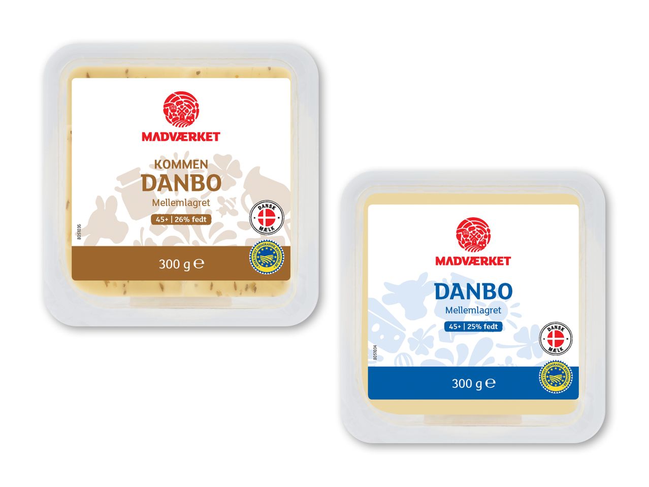 To pakker Danbo ost, den ene med kommen og 26% fedt, den anden med 25% fedt, begge 300g.