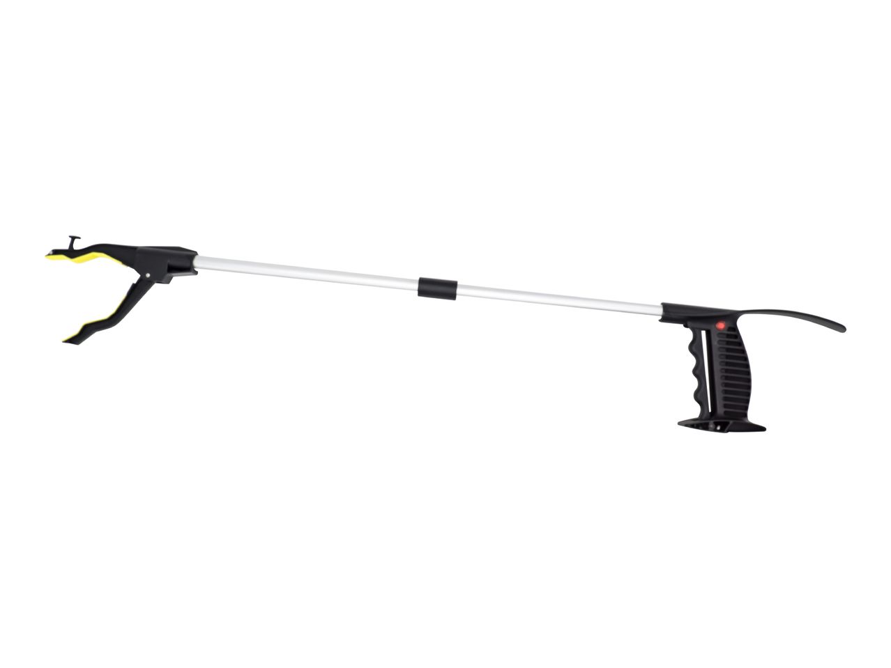 Black and yellow grabber tool with a long silver shaft and ergonomic handle