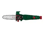 Green electric chainsaw with a silver blade and red adjustment dials, showing 0°, 30°, and 60° angle markings.