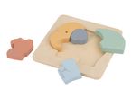 Wooden animal puzzle with an elephant, whale, and other sea creatures.