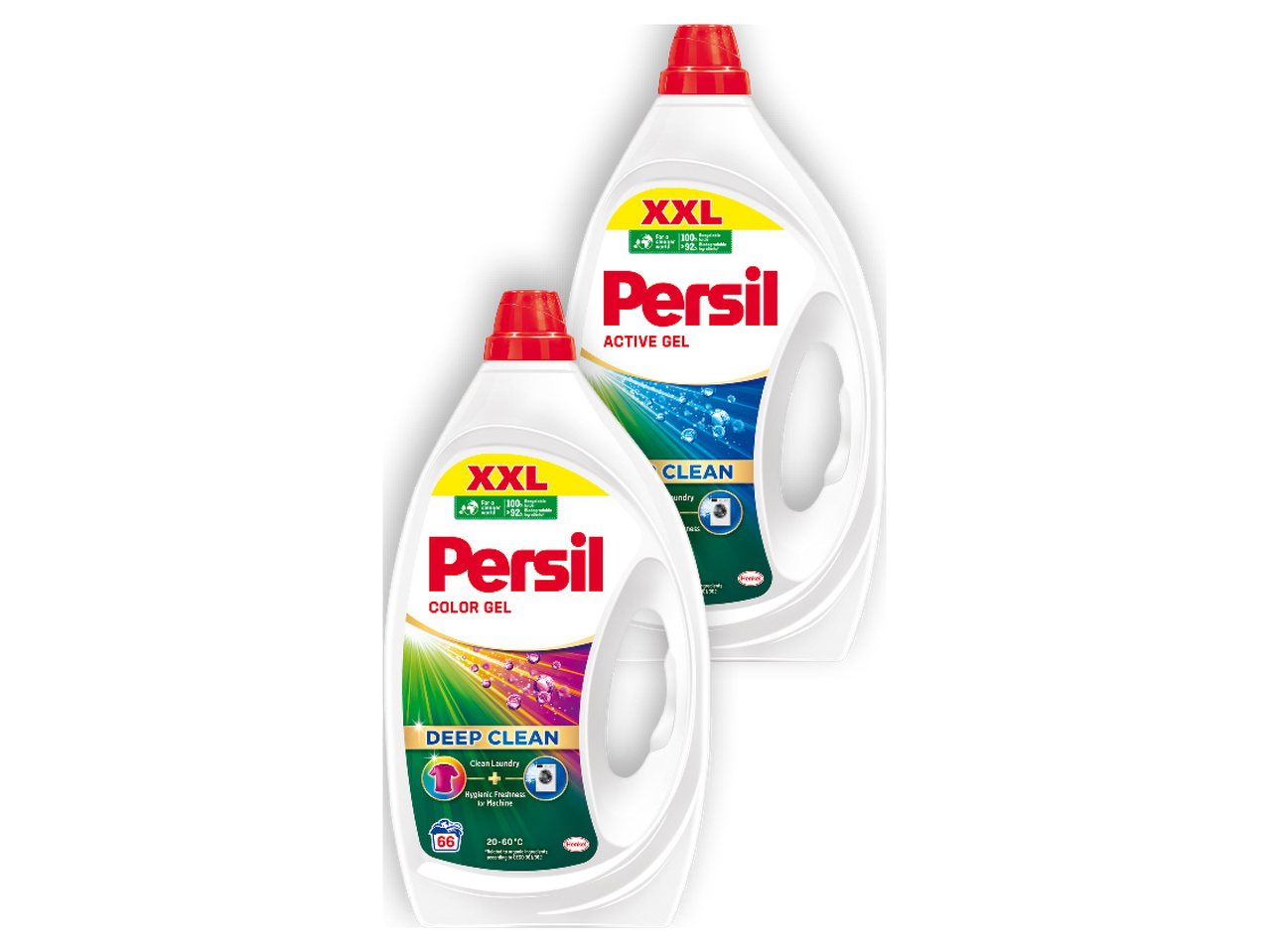Kaks pudelit Persil XXL pesugeeli: Color Gel ja Active Gel.