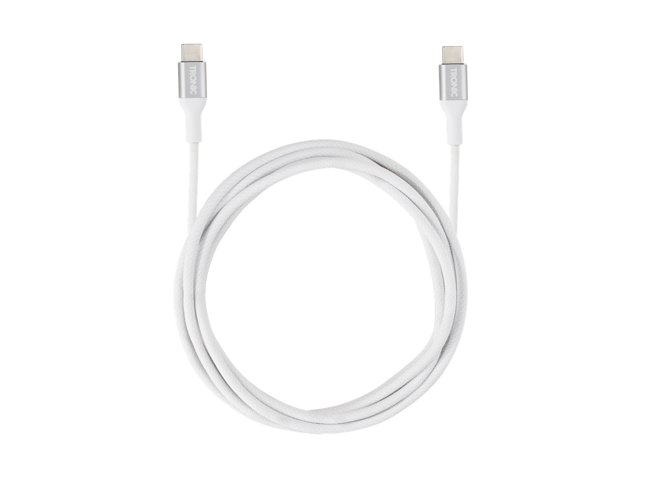 Λευκό καλώδιο TRONIC USB-C, τυλιγμένο σε κύκλο σε μαύρο φόντο.