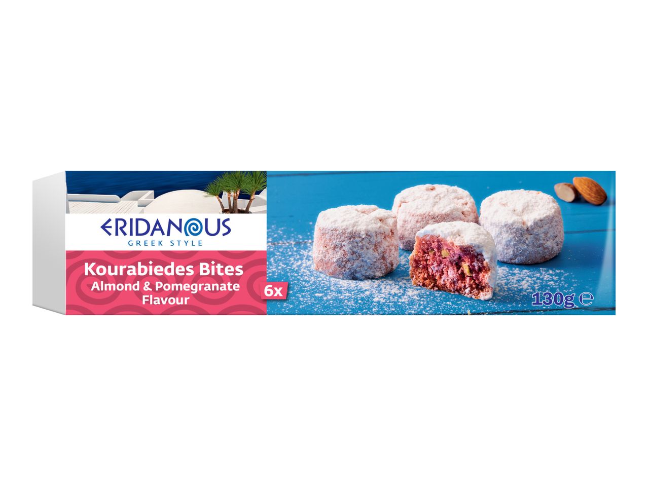 Eridanous Kourabiedes Bites, almond & pomegranate flavor, 6x 130g, on a blue surface.