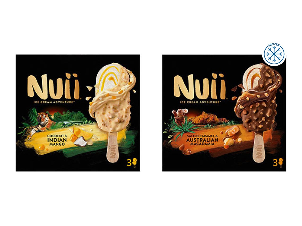 Two ice cream bars: Coconut & Indian Mango and Salted Caramel & Australian Macadamia.