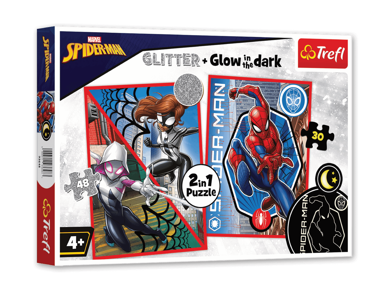 Marvel Spider-Man 2-in-1 Puzzle mit 48 und 30 Teilen, Glitter und Glow-in-the-Dark.