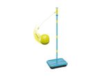 A blue and yellow tetherball set with a yellow ball in motion.
