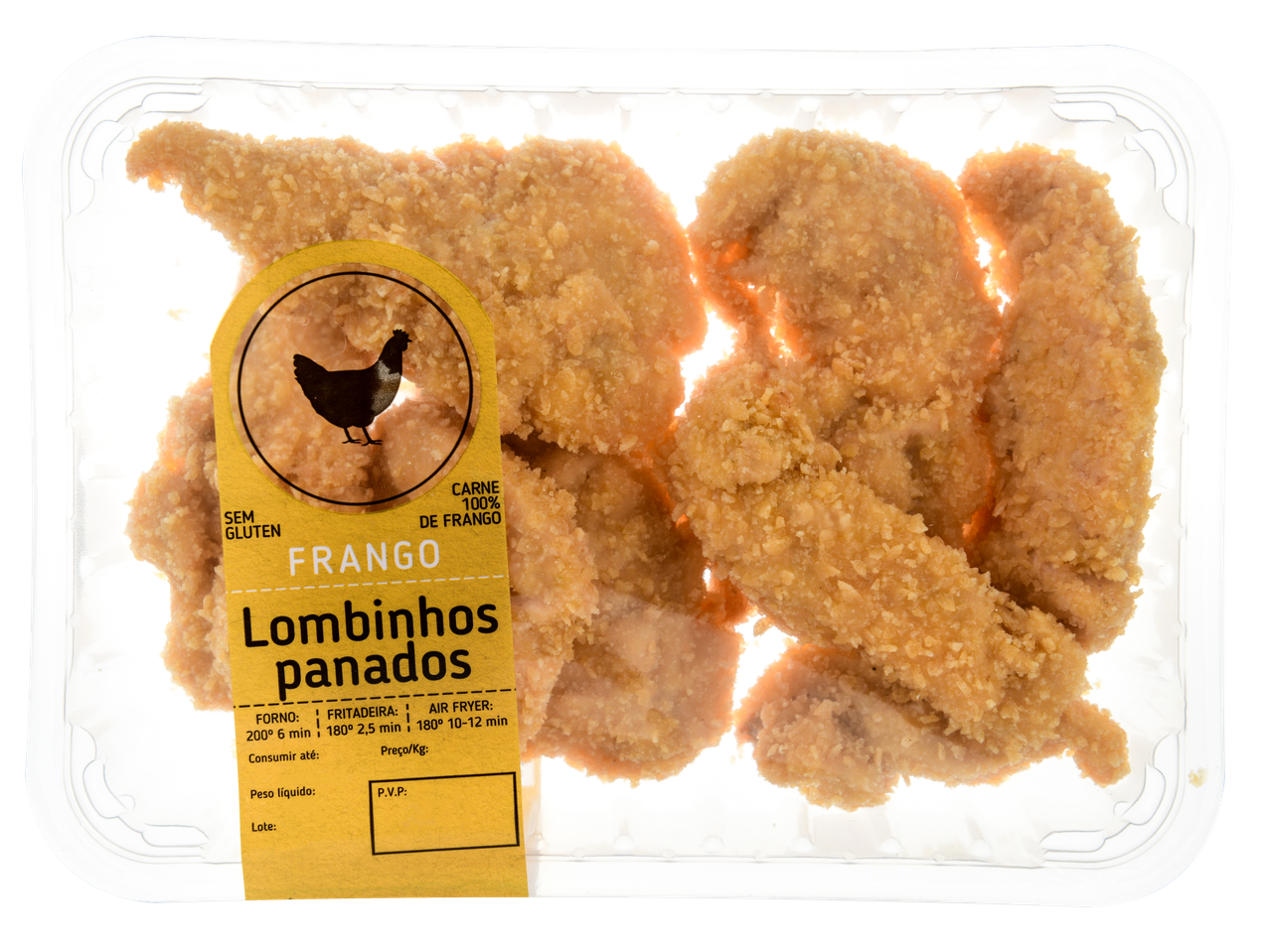 Lombinhos de frango empanados Pimpollo em bandeja plástica.