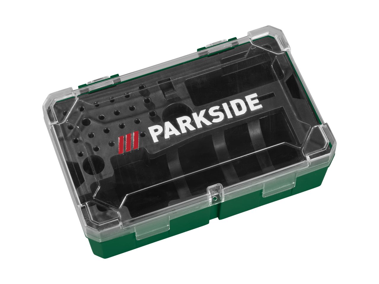 Green and clear plastic storage box for drill bits and accessories, with a black interior.