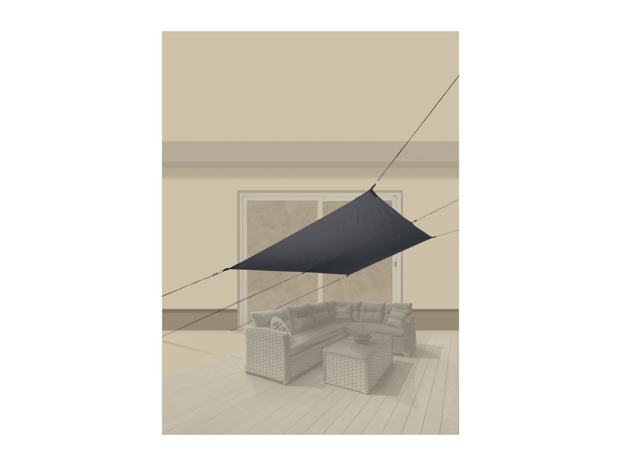 Dark grey sun shade sail over a patio with outdoor furniture.