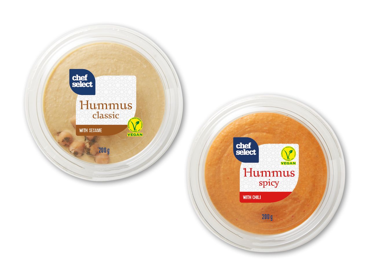 To beholdere med hummus: en klassisk hummus med sesam og en krydret hummus med chili, begge 200g.