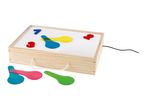 Wooden light box with colorful translucent numbers and paddles, and a black power cord.