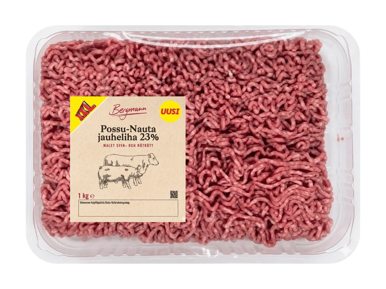Pakkaus sika-nauta jauhelihaa, 23% rasvaa, 1 kg.