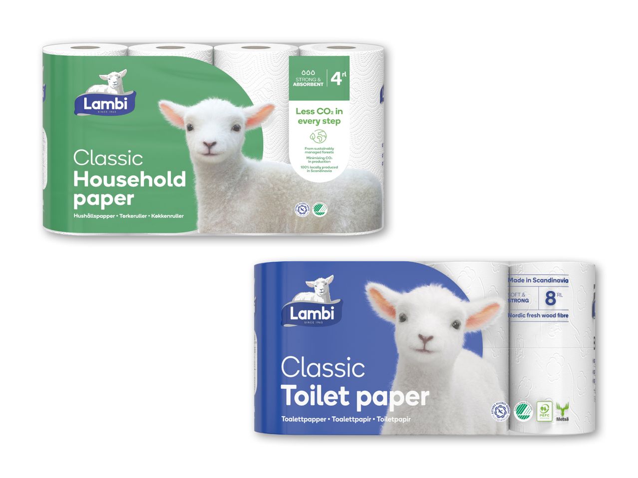 Lambi Classic husholdningspapir og toiletpapir.