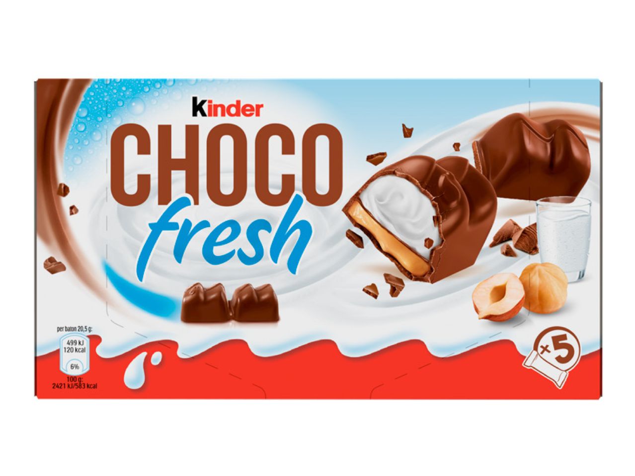 Chocolate bars with milk and hazelnut filling in a 5-pack.