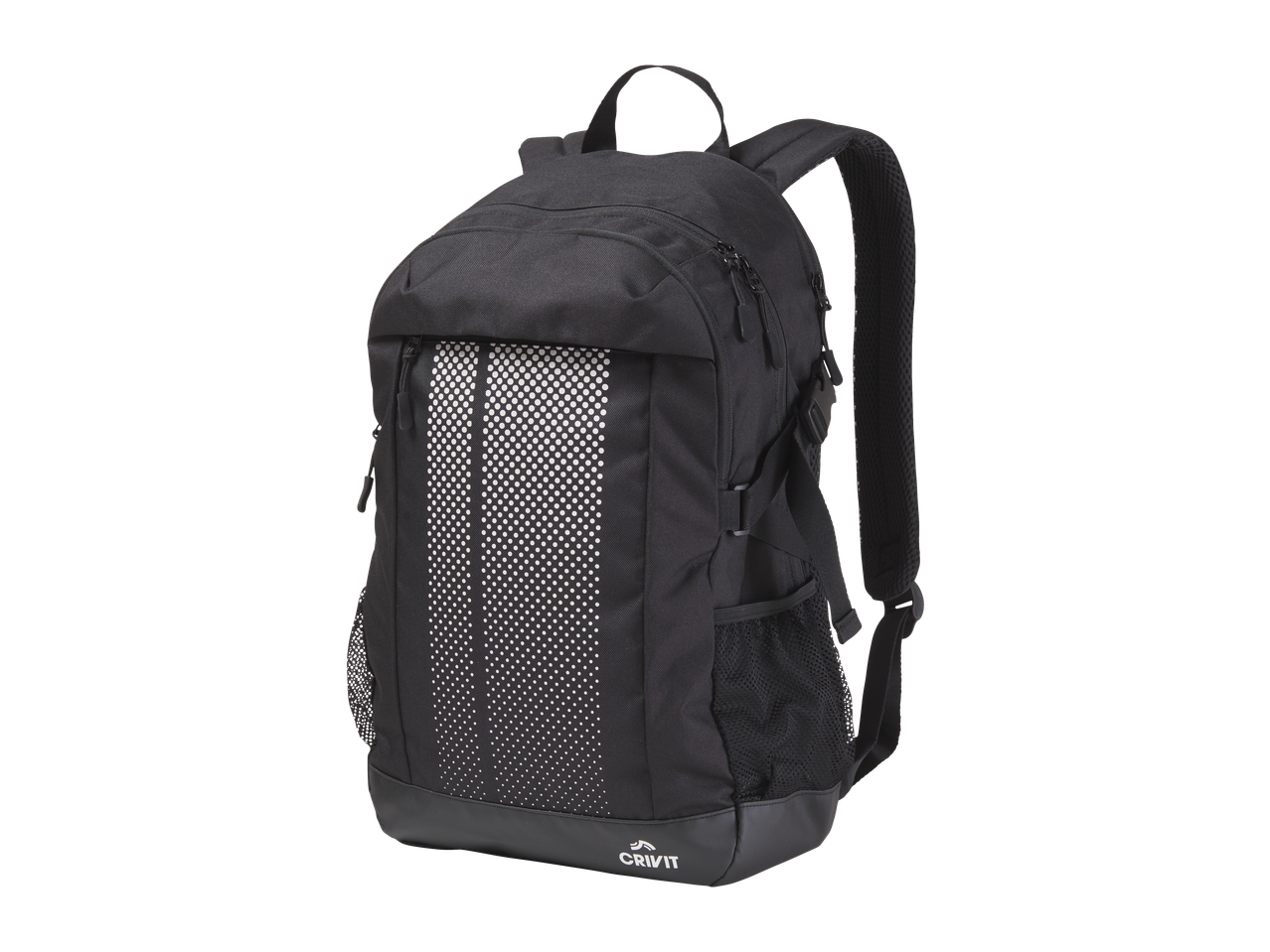 Mochila preta CRIVIT com pontos refletores e bolsos laterais em rede