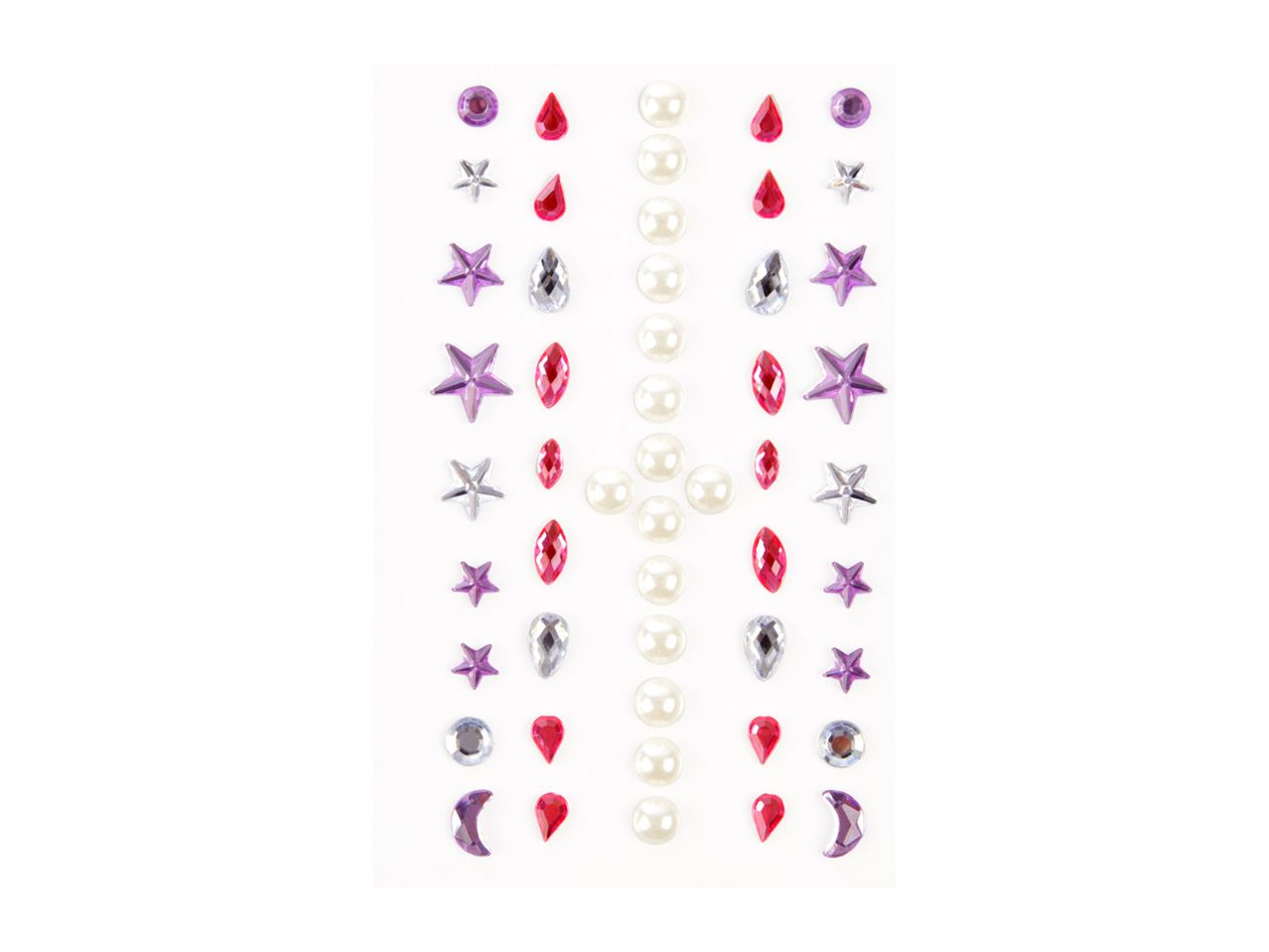 Face jewels sheet with red, purple, and white gems in flower and teardrop shapes.