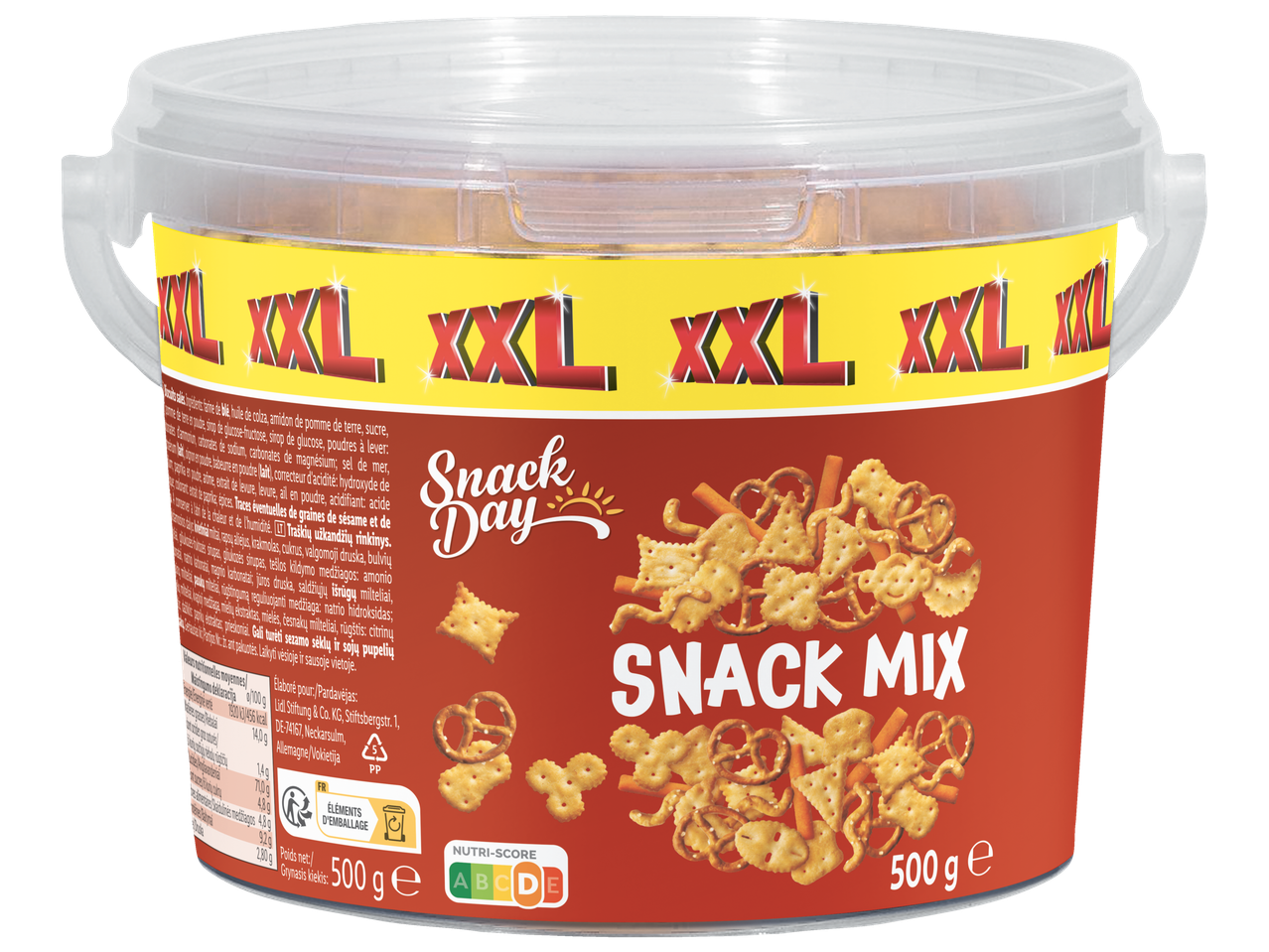 XXL Snack Day snackmix in een emmer van 500 gram.