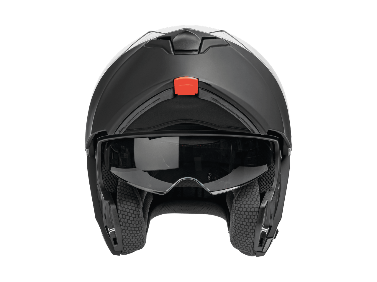 Casque modulable noir avec visière solaire intégrée et mécanisme d'ouverture orange.