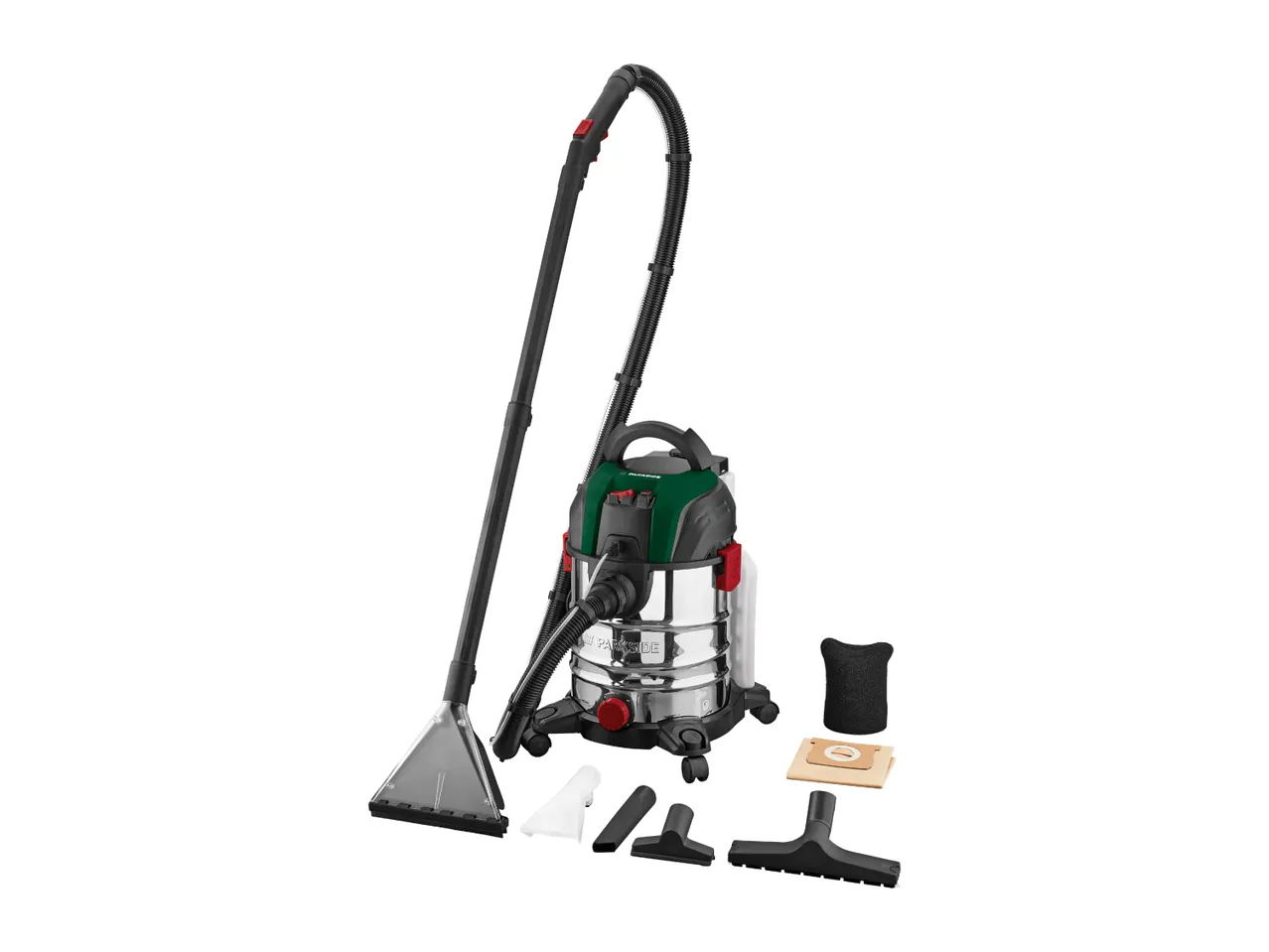 Wet and dry vacuum cleaner with various nozzles, filters, and accessories