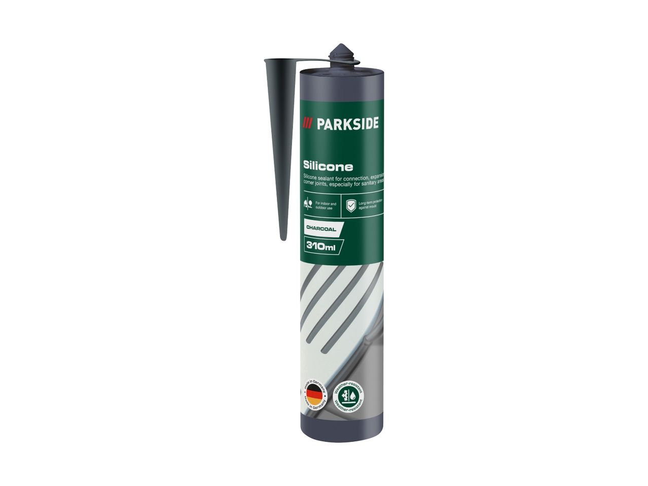 Silicone sealant in charcoal color, 310ml, for indoor and outdoor use, weather-resistant.