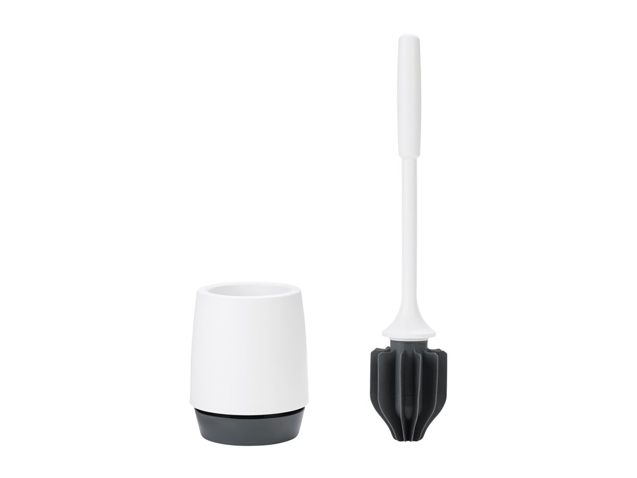A white toilet brush and holder with a dark gray base.