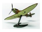 Model airplane, a Spitfire, in camouflage colors on a display stand.