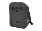 Black waterproof bicycle pannier bag with reflective triangles and shoulder strap.