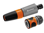 Lance d'arrosage et raccord de tuyau orange et gris avec la mention « STOP ».