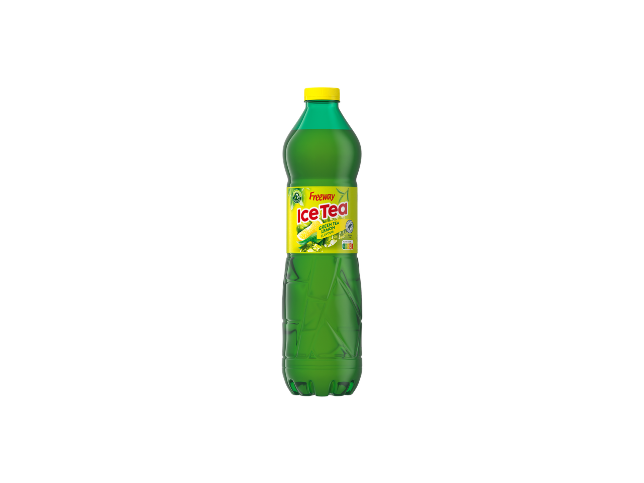 Een groene Freeway Ice Tea fles met citroensmaak.