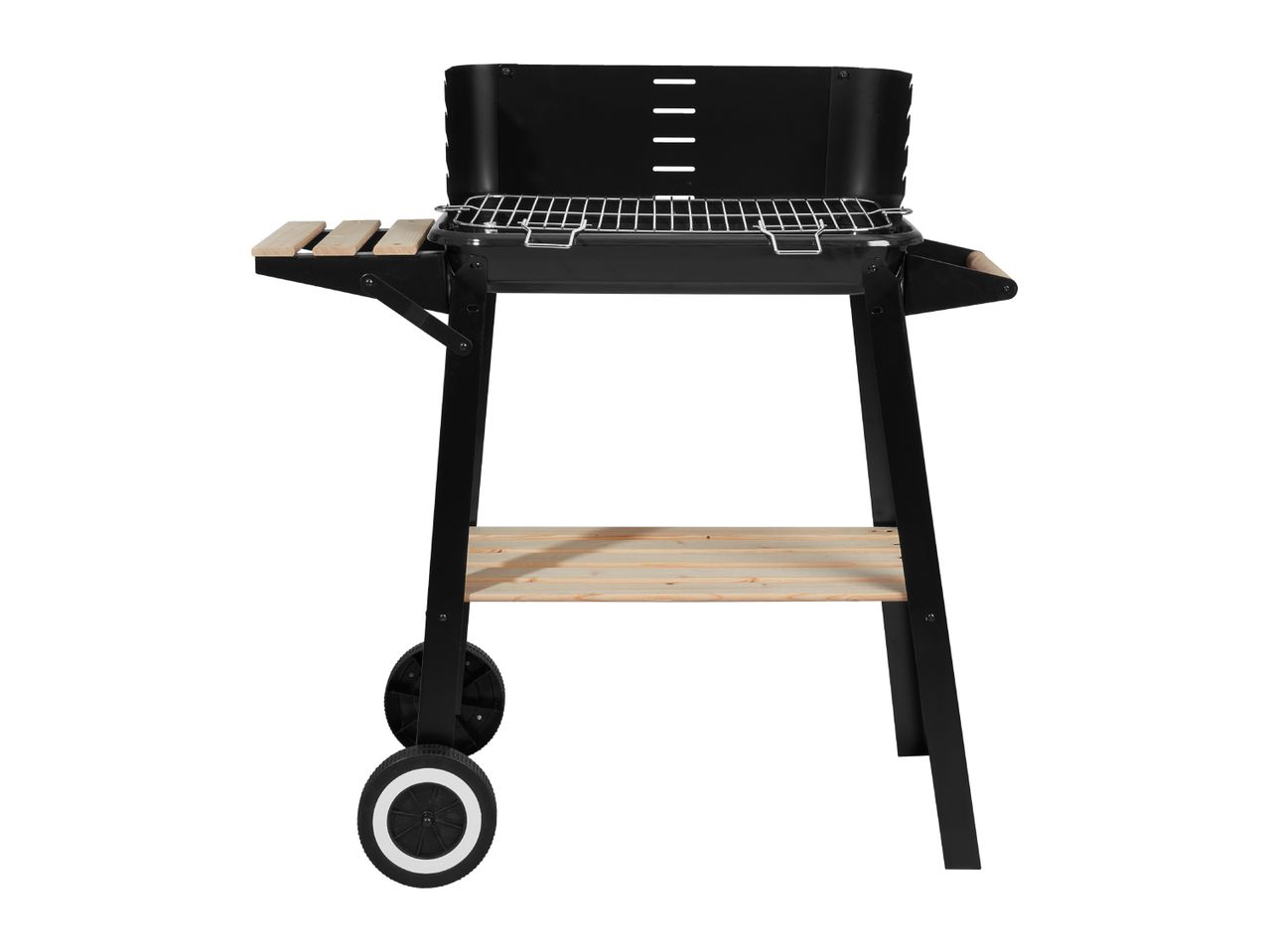 Black charcoal barbecue grill with wooden side shelves and a bottom storage rack, on wheels.